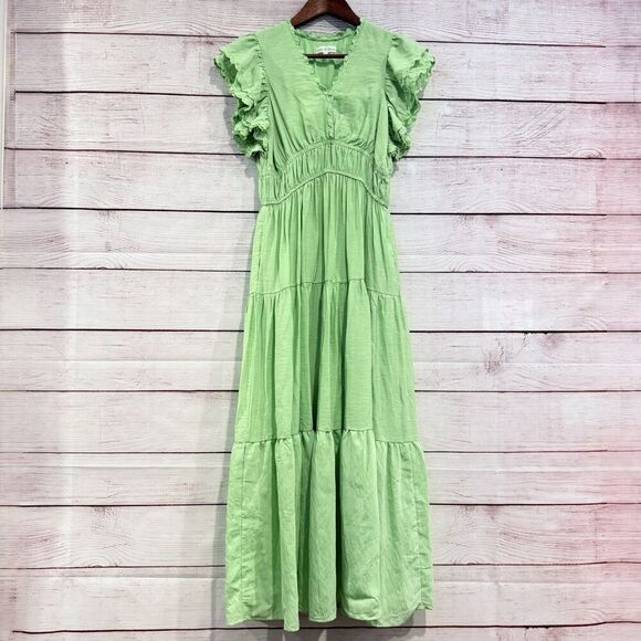 Free the Roses Green Midi Dress Size XS Ruffle Tiered Smocked Waist Feminine - Picture 4 of 11